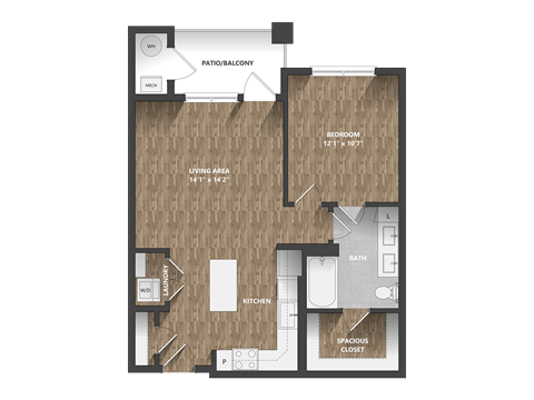 Floor plan for 1 bed, 1 bath, 824 sqft